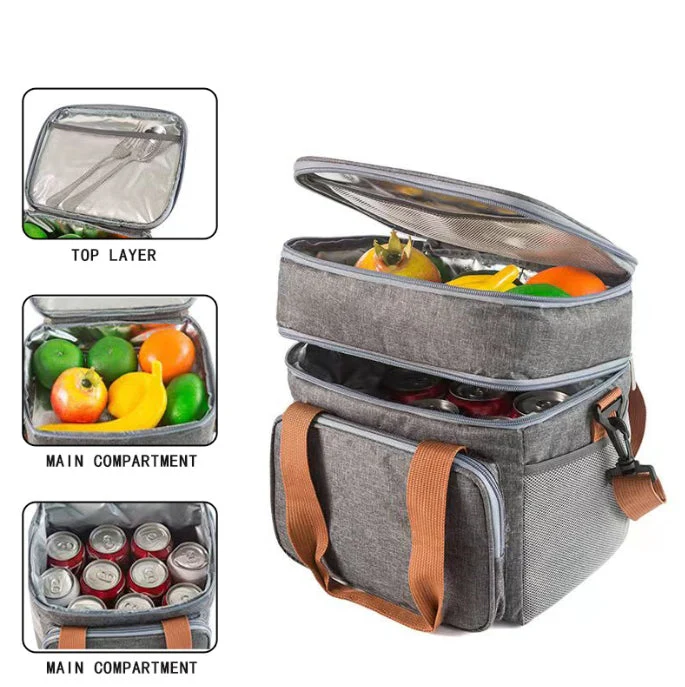 2 Layer Zipper Lunch Bag Tote Insulated Lunch Bag Picnic Food Lunch Box Storage - Image 2