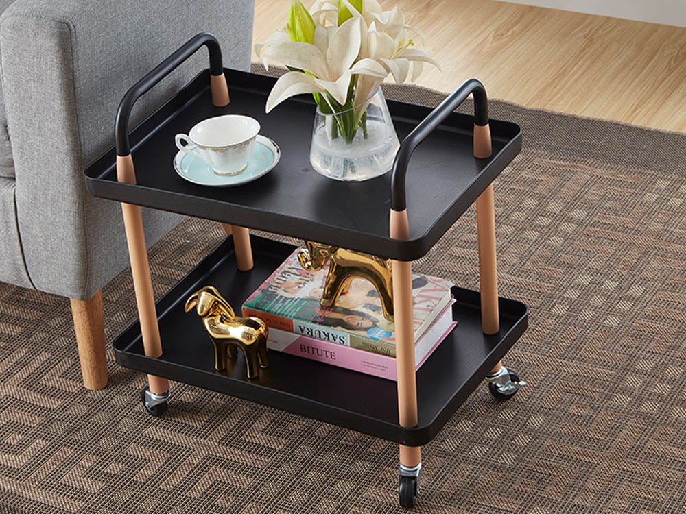 2 Tiers Utility Rolling Cart Multi-Function Storage Rack -Black - Image 2