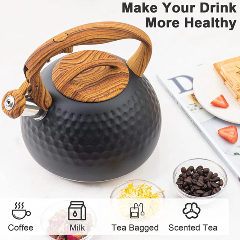 3L Whistling Stainless Steel Diamond Pattern Tea Kettle with Wood Grain Handle Black - Image 3