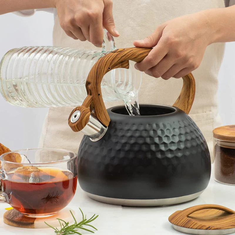 3L Whistling Stainless Steel Diamond Pattern Tea Kettle with Wood Grain Handle Black - Image 6