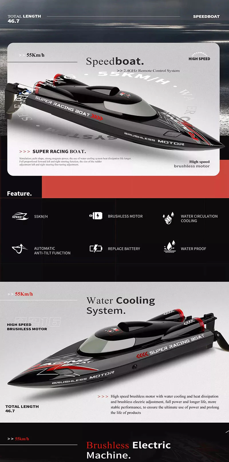 55km/h Brushless Motor High Speeds R/C Boat 2.4G w/ LED Light Water Cooling - Image 5