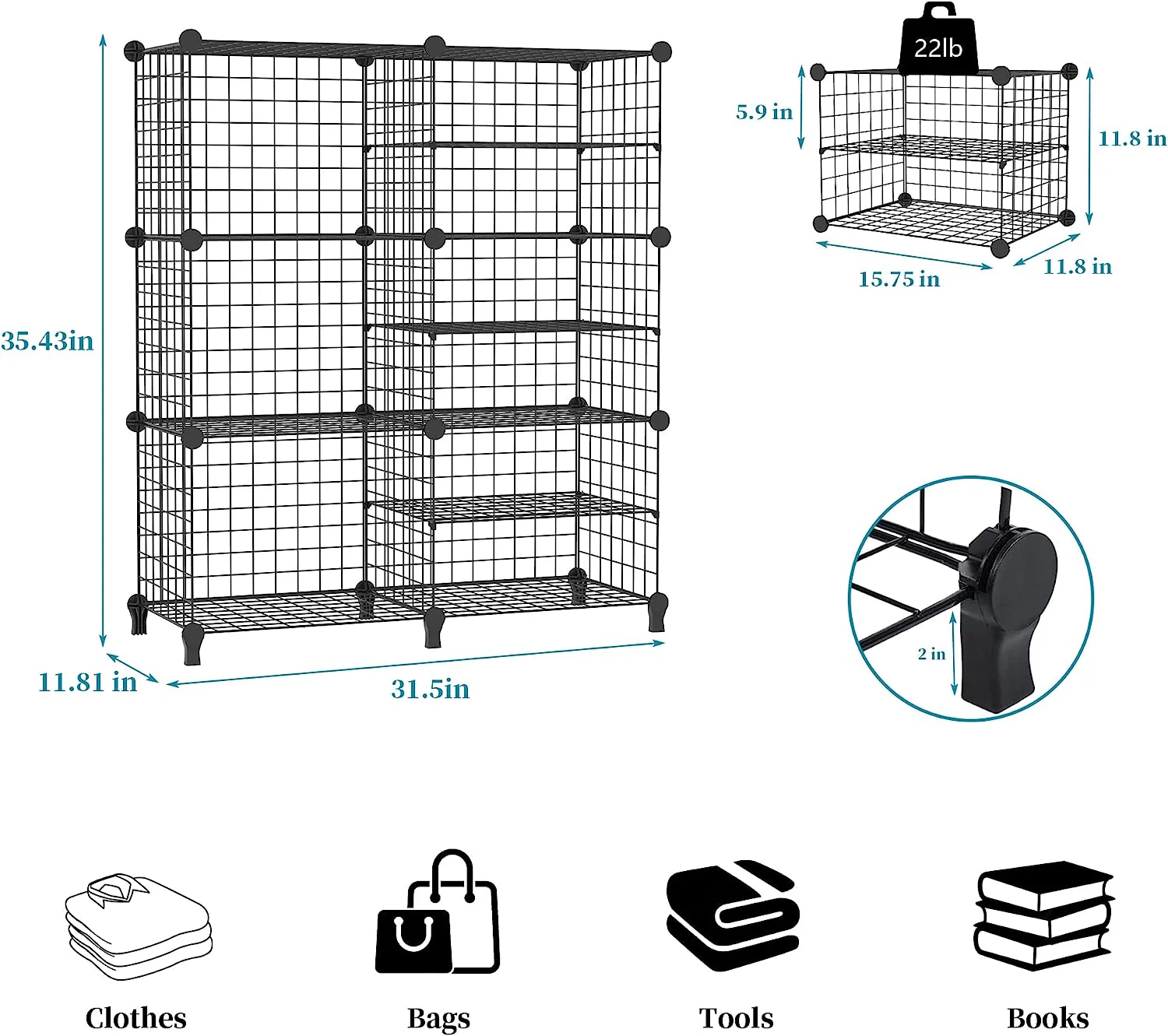 6 Cubes Black DIY Wire Storage Shelves Wardrobe - Image 4