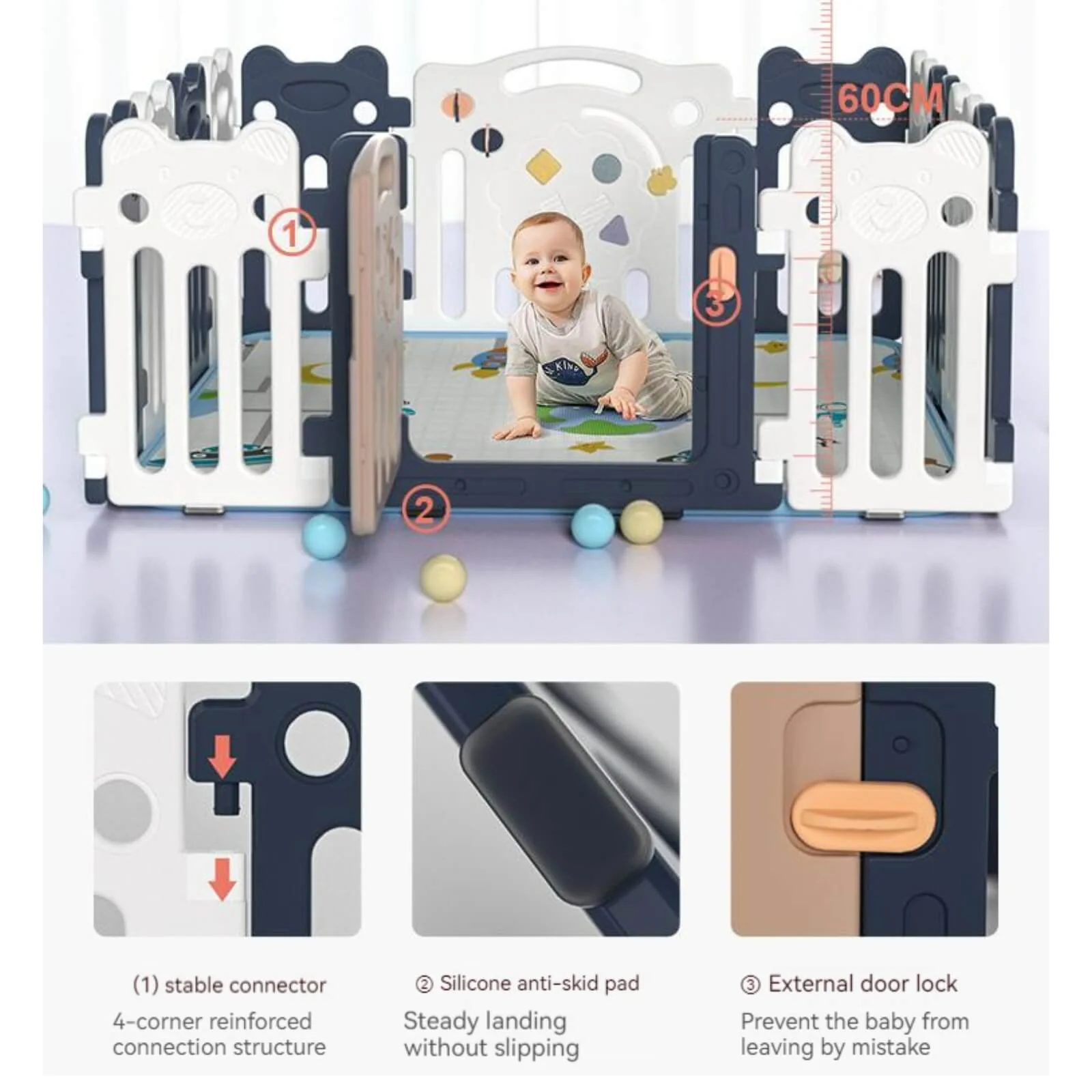 Baby Playpen 18+2 Panels (Little Bear & Bee)-Blue / White - Image 6