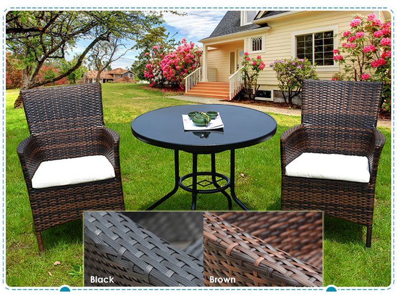 BLACK PE/PVC Rattan Patio Chairs & Round Table 3PC Set - Image 3