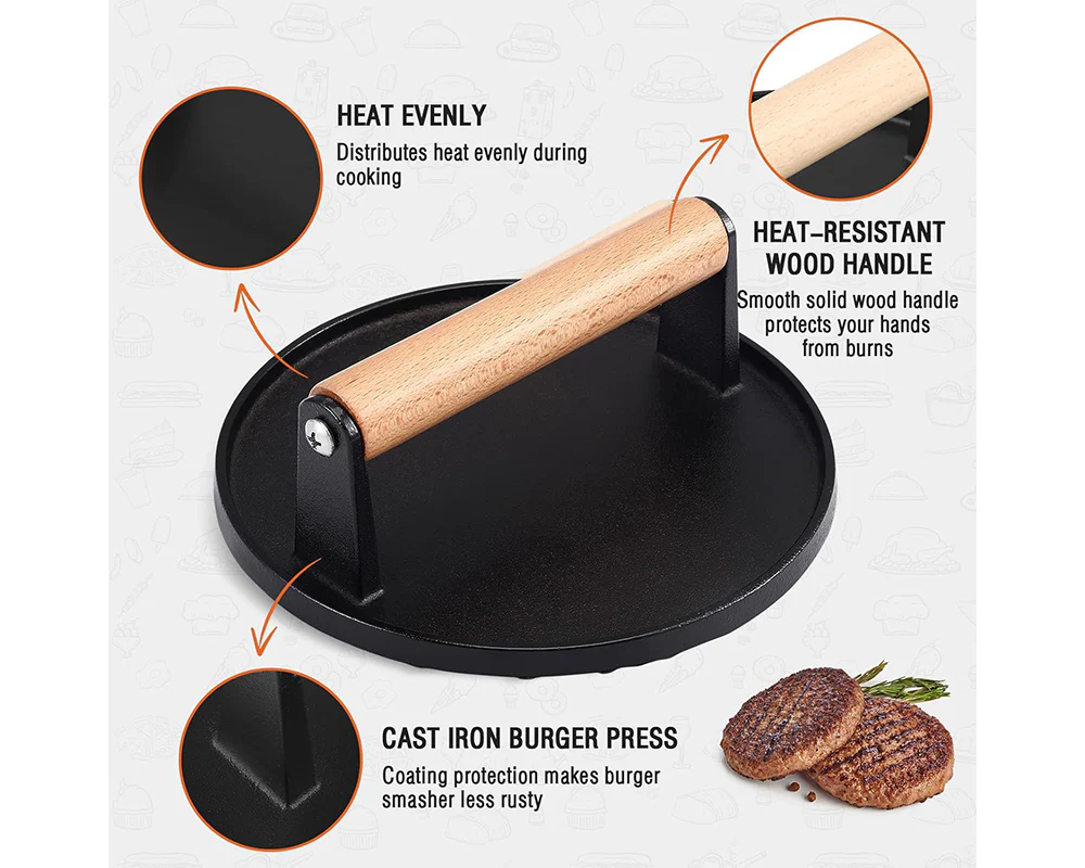 Cast Iron Smash Burger Press BBQ Cast Iron Smash Burger Press with Silicone Handle - Image 7