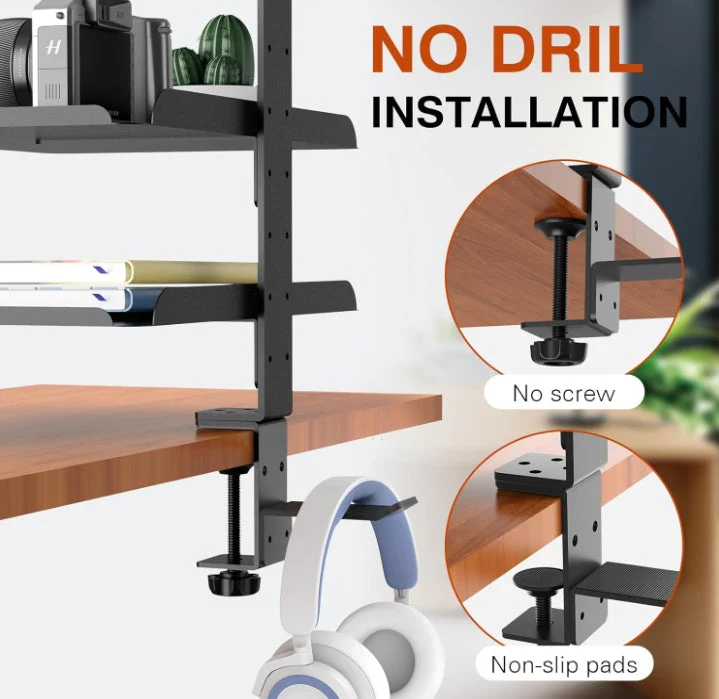 Clamp-On Desk Shelf Organizer Desktop or Under Desk 3-Tier Adjustable Metal Storage Tray - Image 2