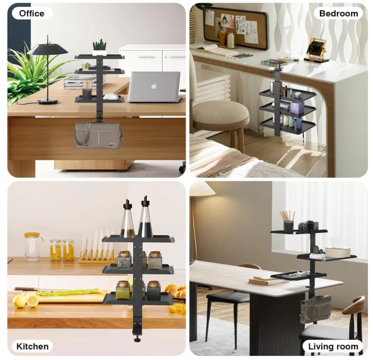 Clamp-On Desk Shelf Organizer Desktop or Under Desk 3-Tier Adjustable Metal Storage Tray - Image 3
