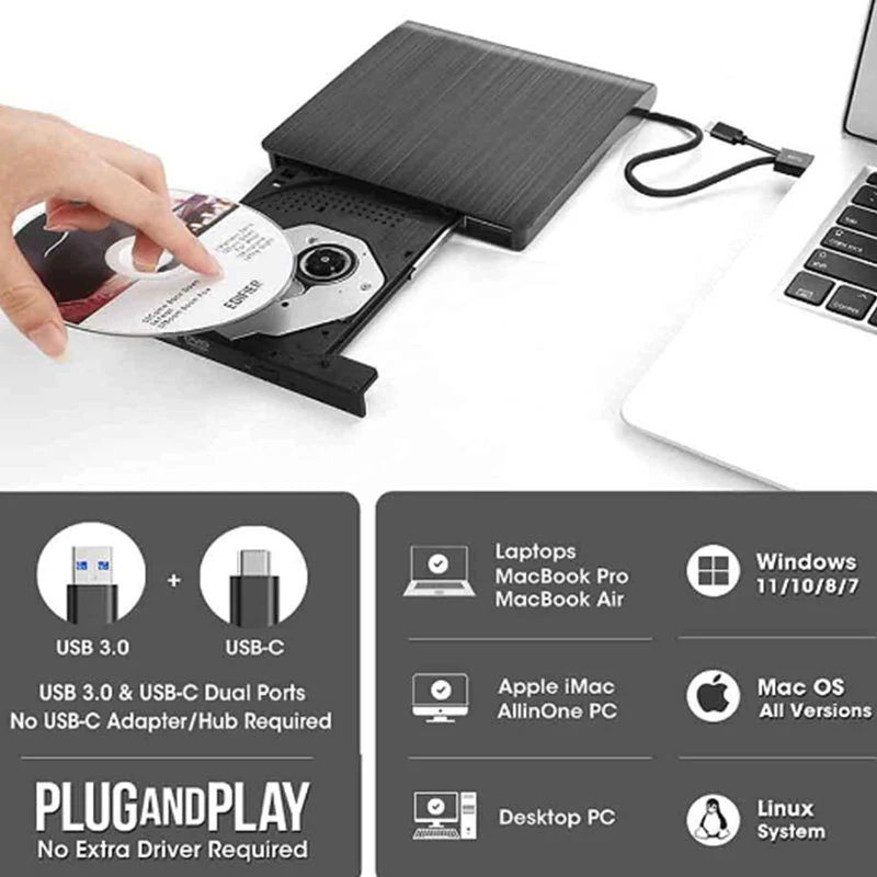 External DVD Drive USB 3.0 Type-C CD Burner Portable CD DVD +/-RW Drive DVD... S - Image 2
