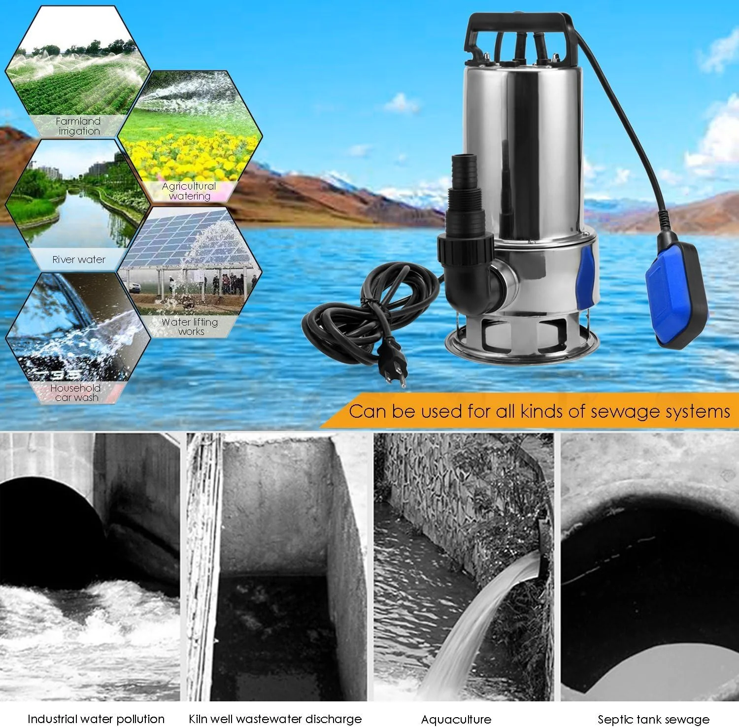 Garden Submersible Water Pump 1100W Dirty Water Bore Tank Well Steel Sewerage - Image 5
