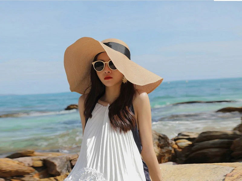 GREY- 16cm Wide Brim Women Lady Sun Straw Hat Floppy Derby Summer Beach Cap - Image 4