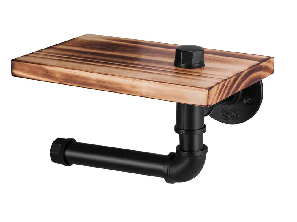 Industrial Toilet Paper Holder with Rustic Wooden Shelf - Image 3