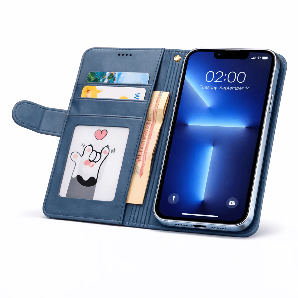 iPhone 14 Plus Flip Wallet Case Cowhide Dot Pattern - Image 9