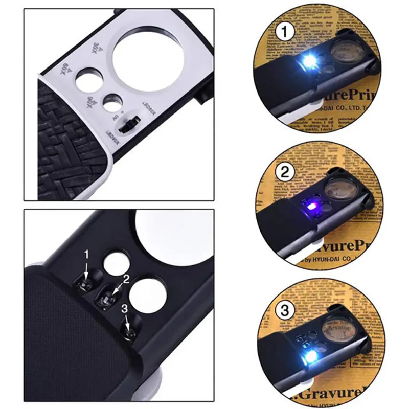 Jewelry Loupe Magnifier with UV LED Light 30X 60X 90X Slide Out Pocket Magn... S - Image 3