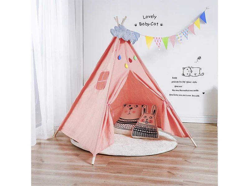 Kids Play Tent Kids Canvas Teepee Tent Playhouse Beige - Image 7