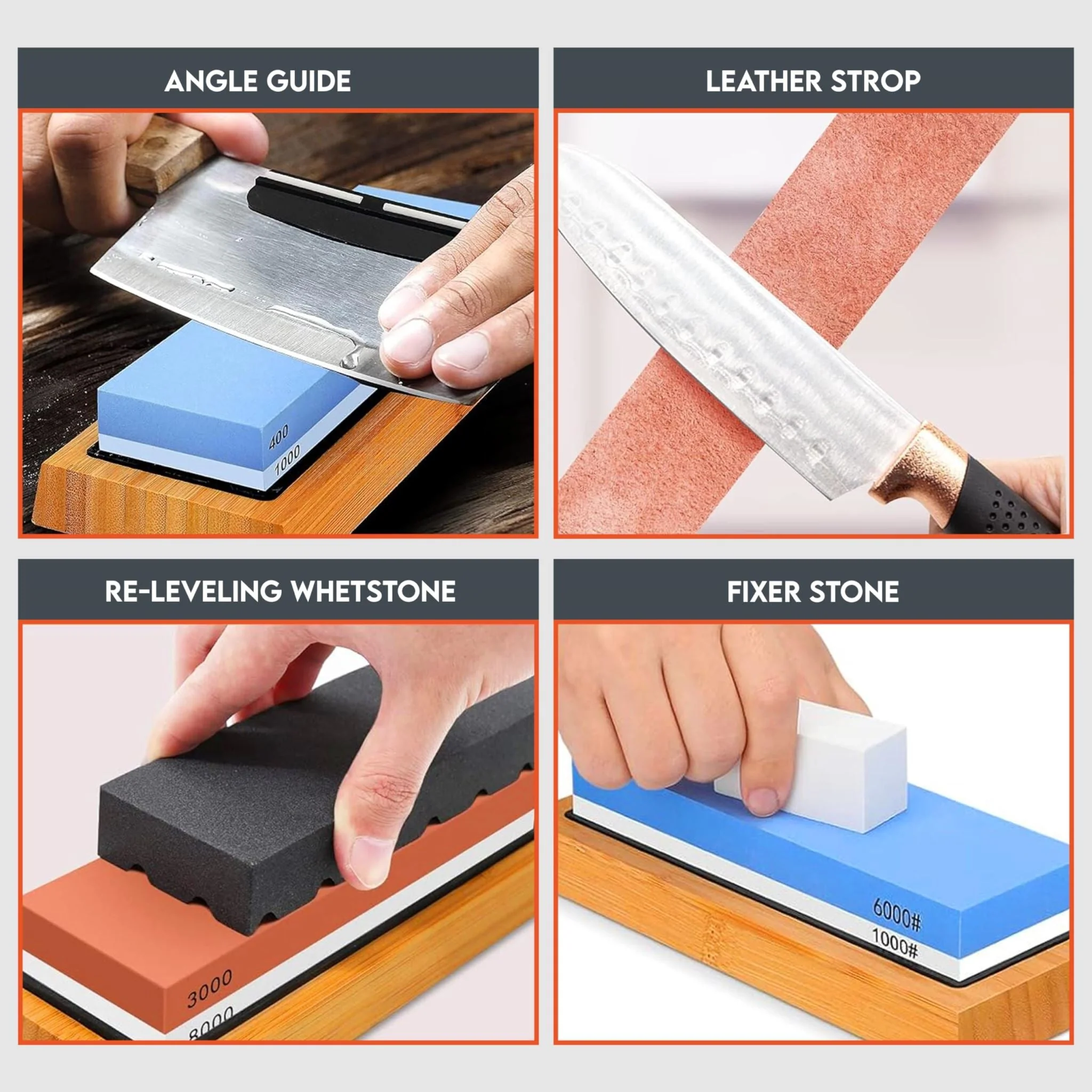 Whetstone Knife Sharpening Stone Set 400 1000 3000 8000 Grit with Bamboo Base - Image 9