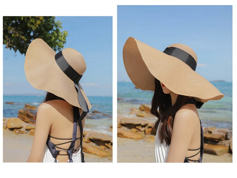 NAVY- 16cm Wide Brim Women Lady Sun Straw Hat Floppy Derby Summer Beach Cap - Image 5