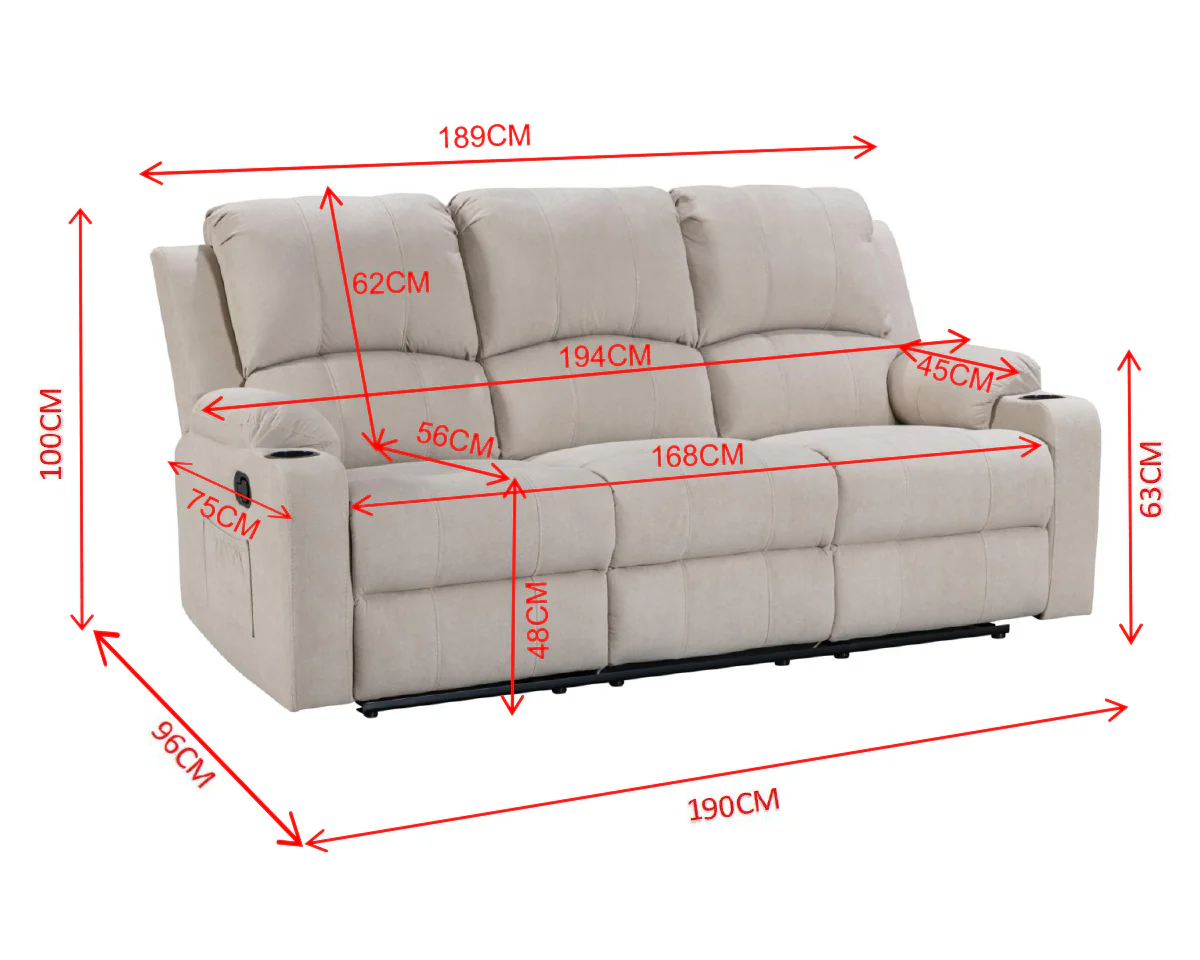 NovaCloud Fabric 3 Seater Recliner Sofa - Image 12