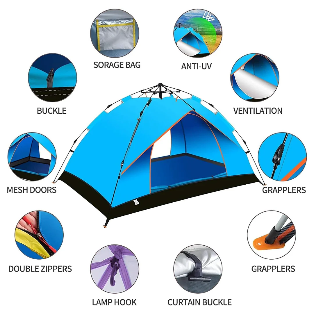 Pop Up Tent Family Camping Tent 3-4 Person Tent (Blue) - Image 8