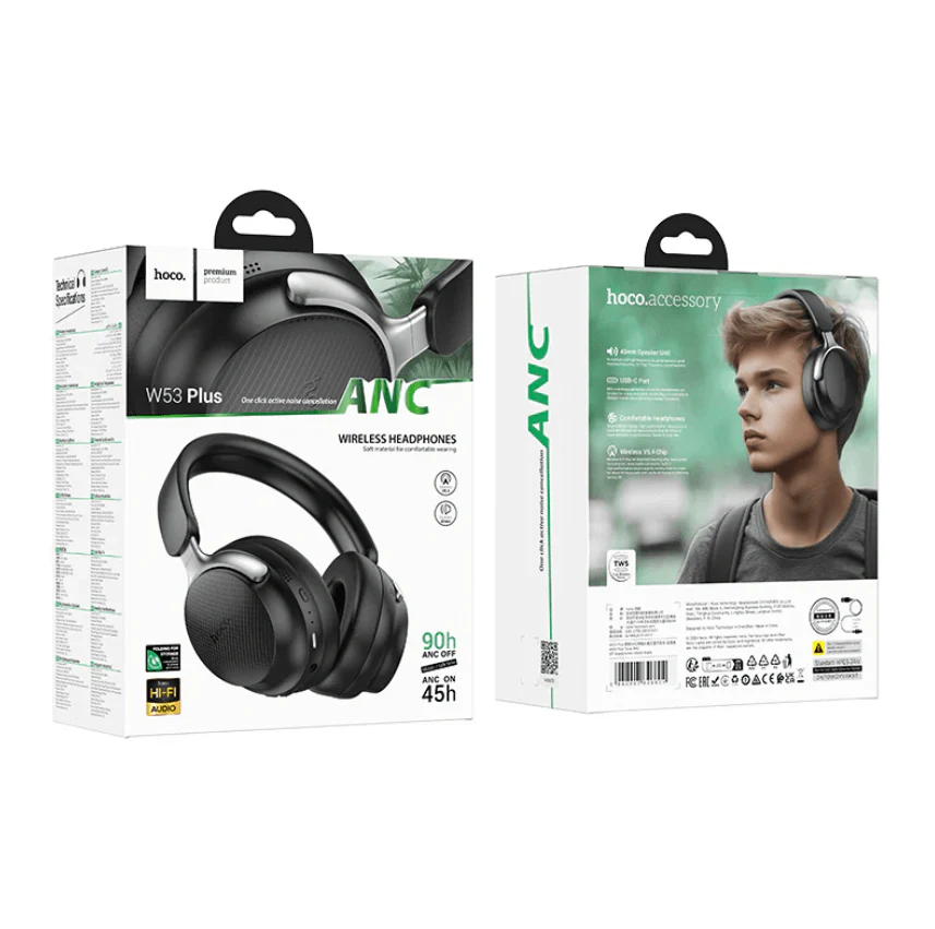 Premium Bluetooth Headset 90H ANC Noise Cancelling – W53 Plus Black - Image 4