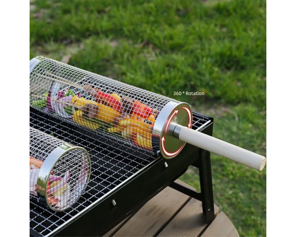 Rolling Grill Basket – Stainless Steel BBQ Net Tube for Meat, Vegetables & Seafood Outdoor Cooking - Image 4