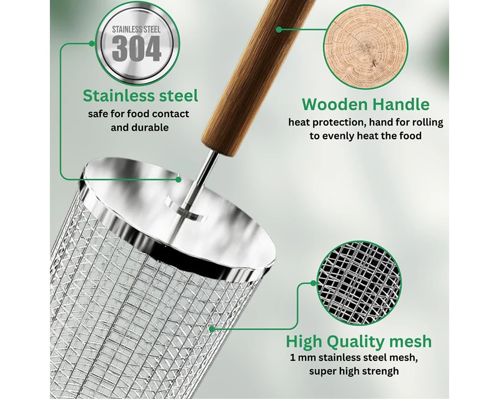 Rolling Grill Basket – Stainless Steel BBQ Net Tube for Meat, Vegetables & Seafood Outdoor Cooking - Image 5