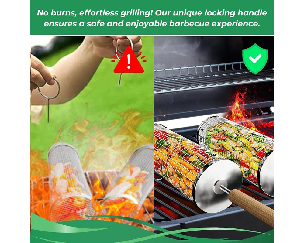 Rolling Grill Basket – Stainless Steel BBQ Net Tube for Meat, Vegetables & Seafood Outdoor Cooking - Image 7