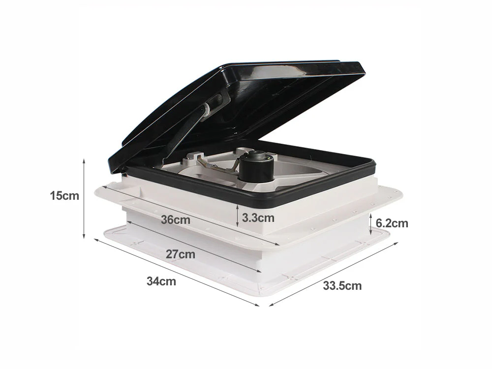 RV Roof Vent Fan 12V with Manual Riser Black Lid 280X280mm - Image 7