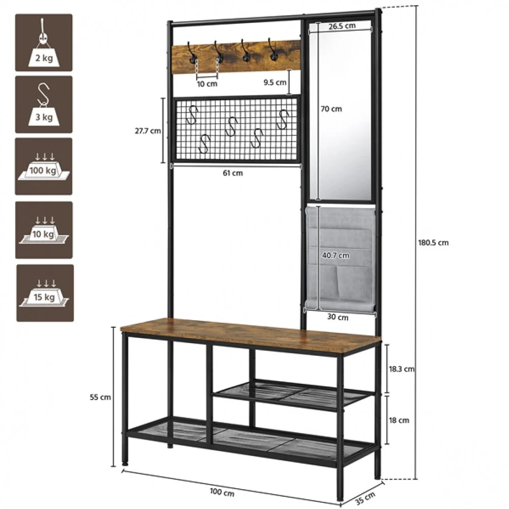 Six-in-one Hall Tree with Shoe Storage Bench/ Mirror/ Storage Bag/ Coat Rack - Image 6