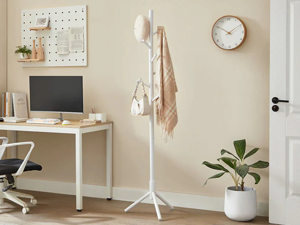 Solid Wood Coat Rack with 8 Hooks - White - Image 2