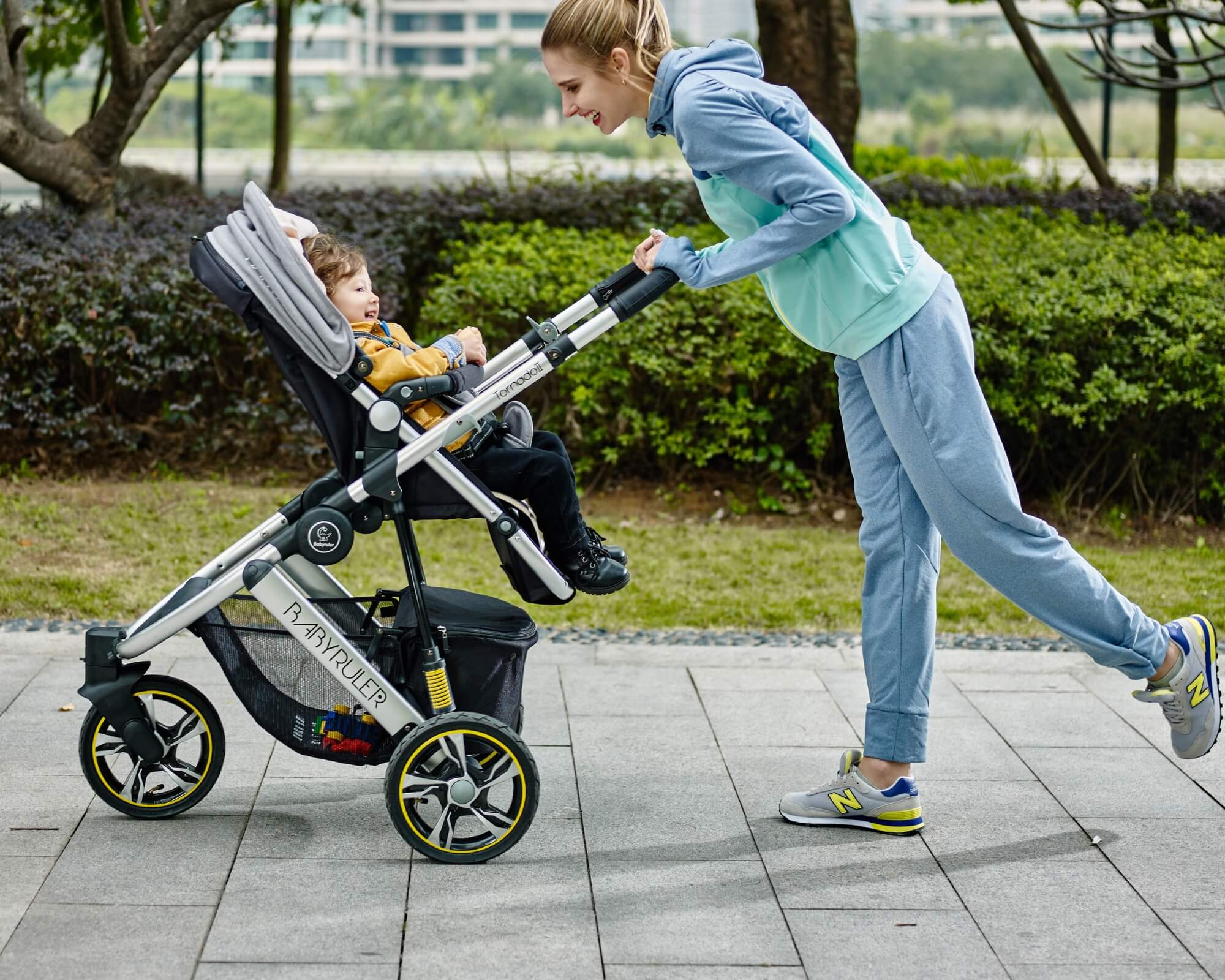 Three Wheels High Landscape Baby Stroller-Black - Image 6