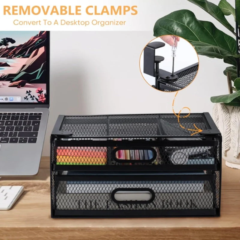 Under Desk Drawer Organizer with 2 Sliding Pull-out Mesh Metal Drawer - Image 5