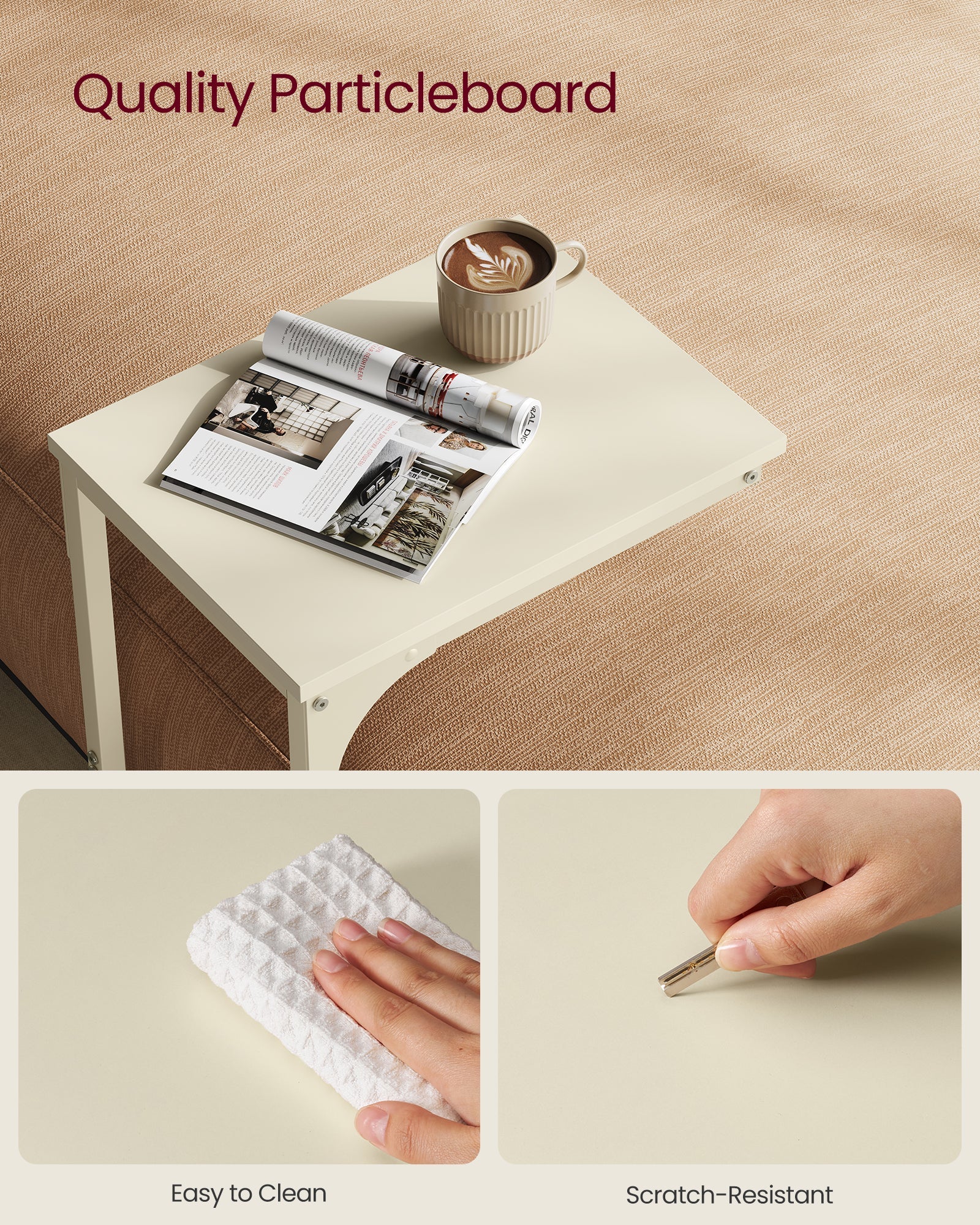 Vasagle C-Shaped End Table Bedside Laptop Table - Cream White - Image 7