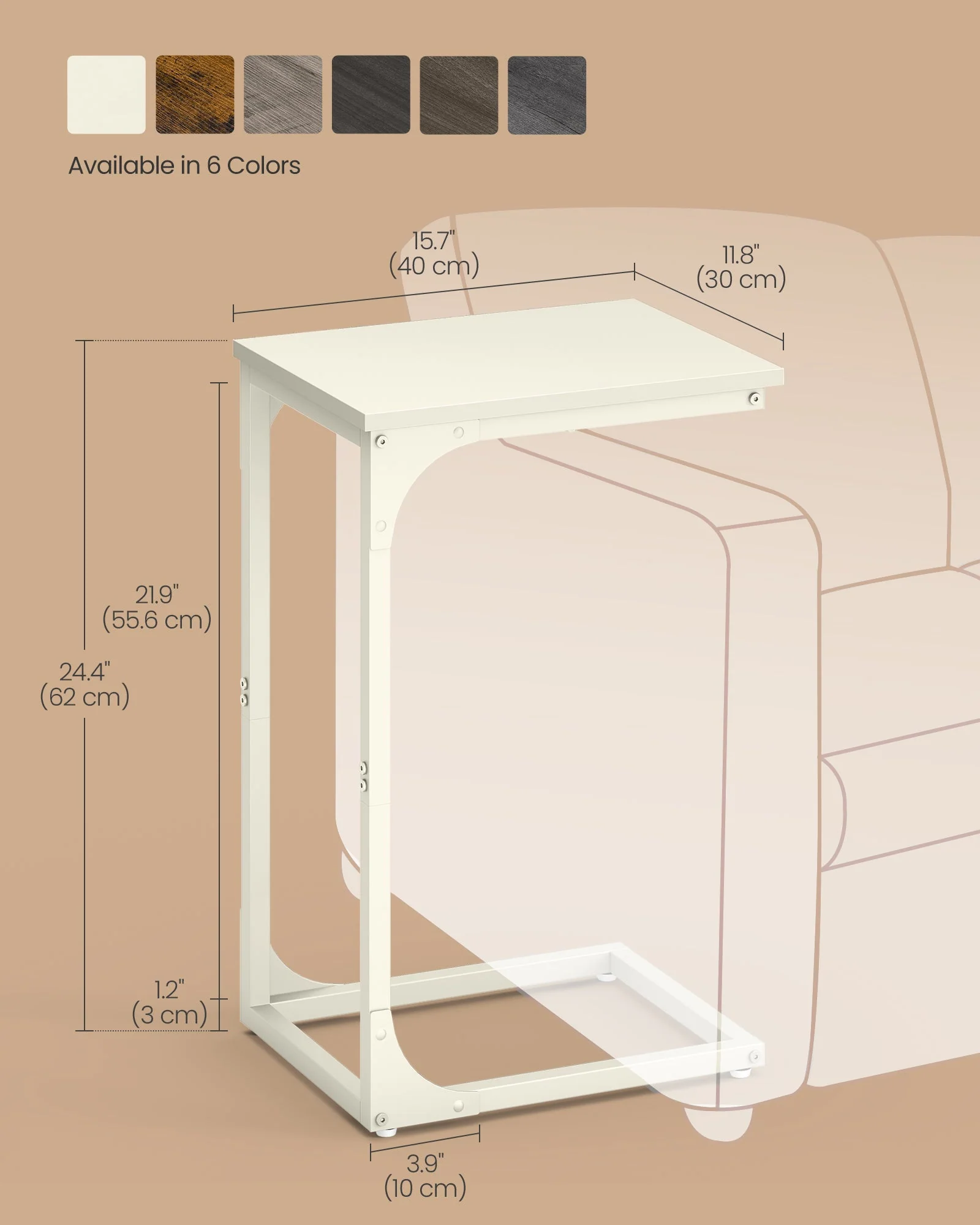 Vasagle C-Shaped End Table Bedside Laptop Table - Cream White - Image 8