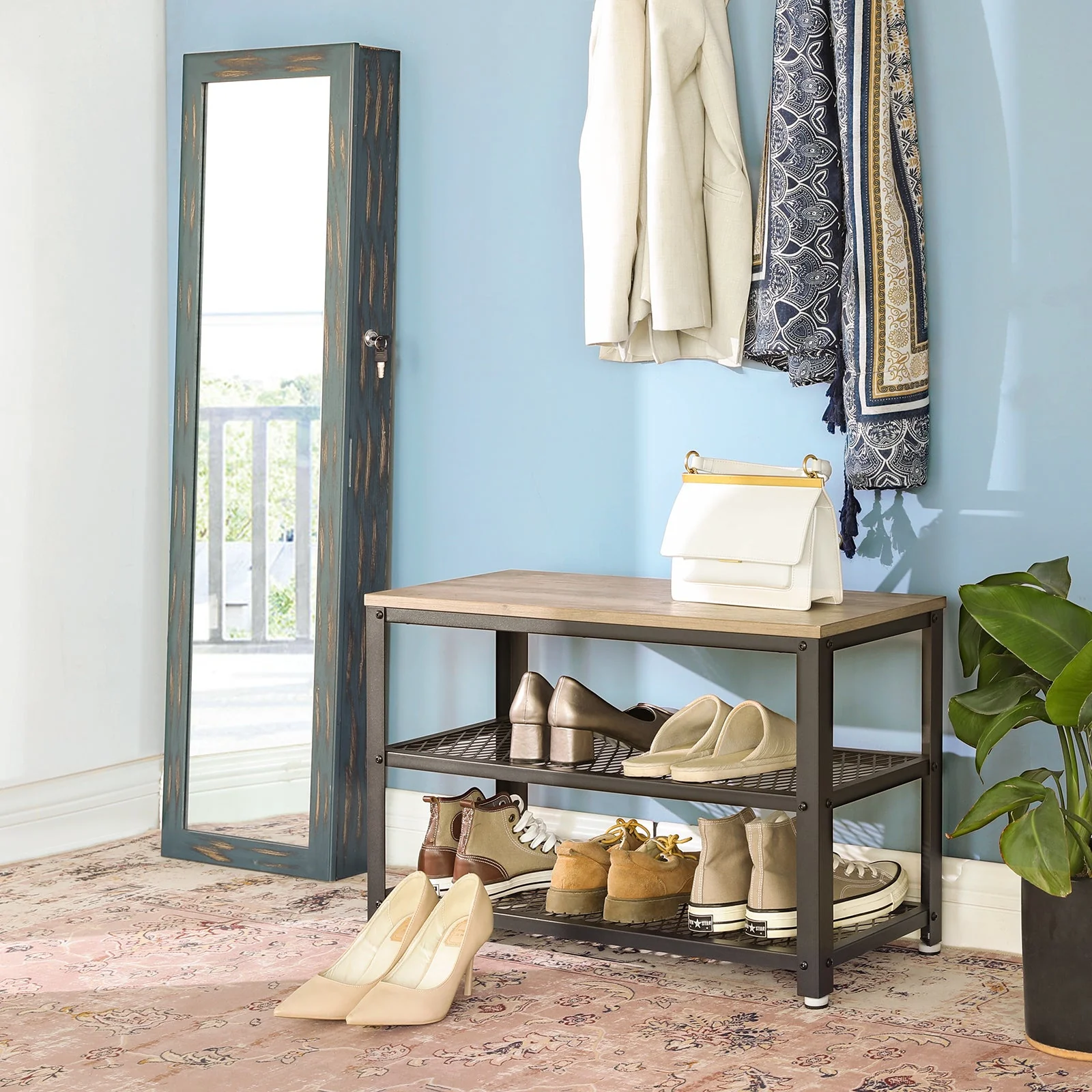 VASAGLE Shoe Storage Bench Rack with 2 Shelves - Greige - Image 4