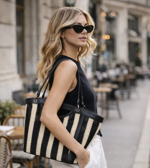 Women’s Black & White Woven Tote Bag – Minimalist Shoulder Handbag with Drawstring Inner Pouch - Image 2